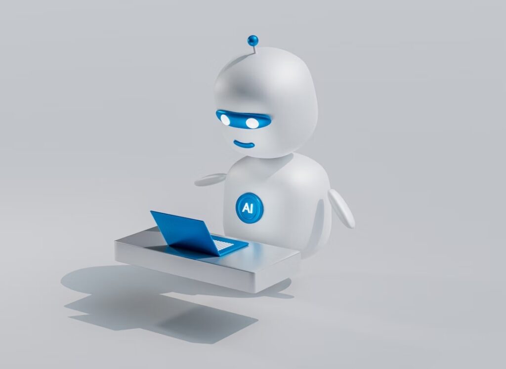 A white AI robot looking at a computer