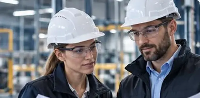 Two engineers in hard hats reviewing work on site