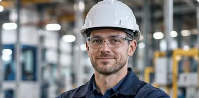 Skilled trades worker in a hard hat at an industrial facility