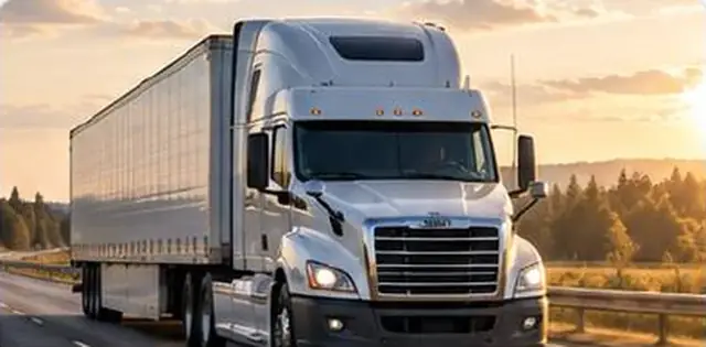 Transport truck on a highway at sunset